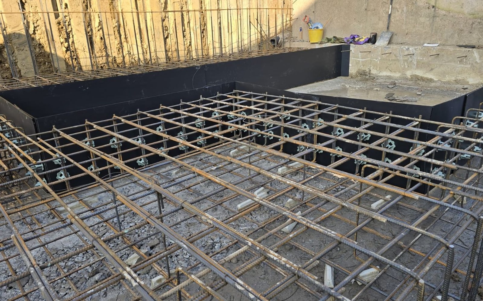 Steel reinforcement laid for a concrete raft foundation